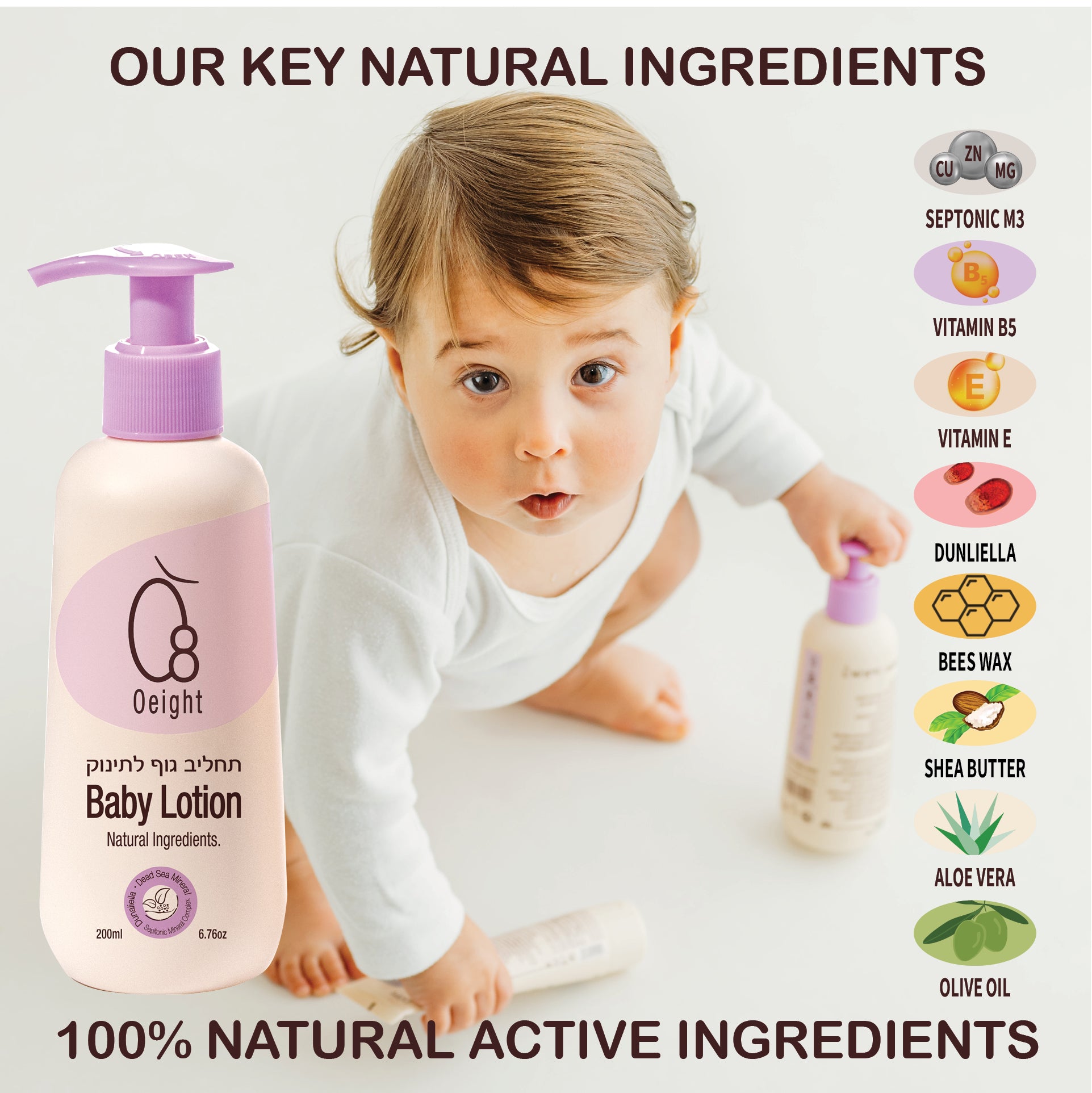 Oeight Baby Lotion a natural body lotion for newborns and infants, perfect for sensitive skin. it soothes, softens, and nourishes delicate skin. Patent-protected, this lotion offers essential hydration and protection.