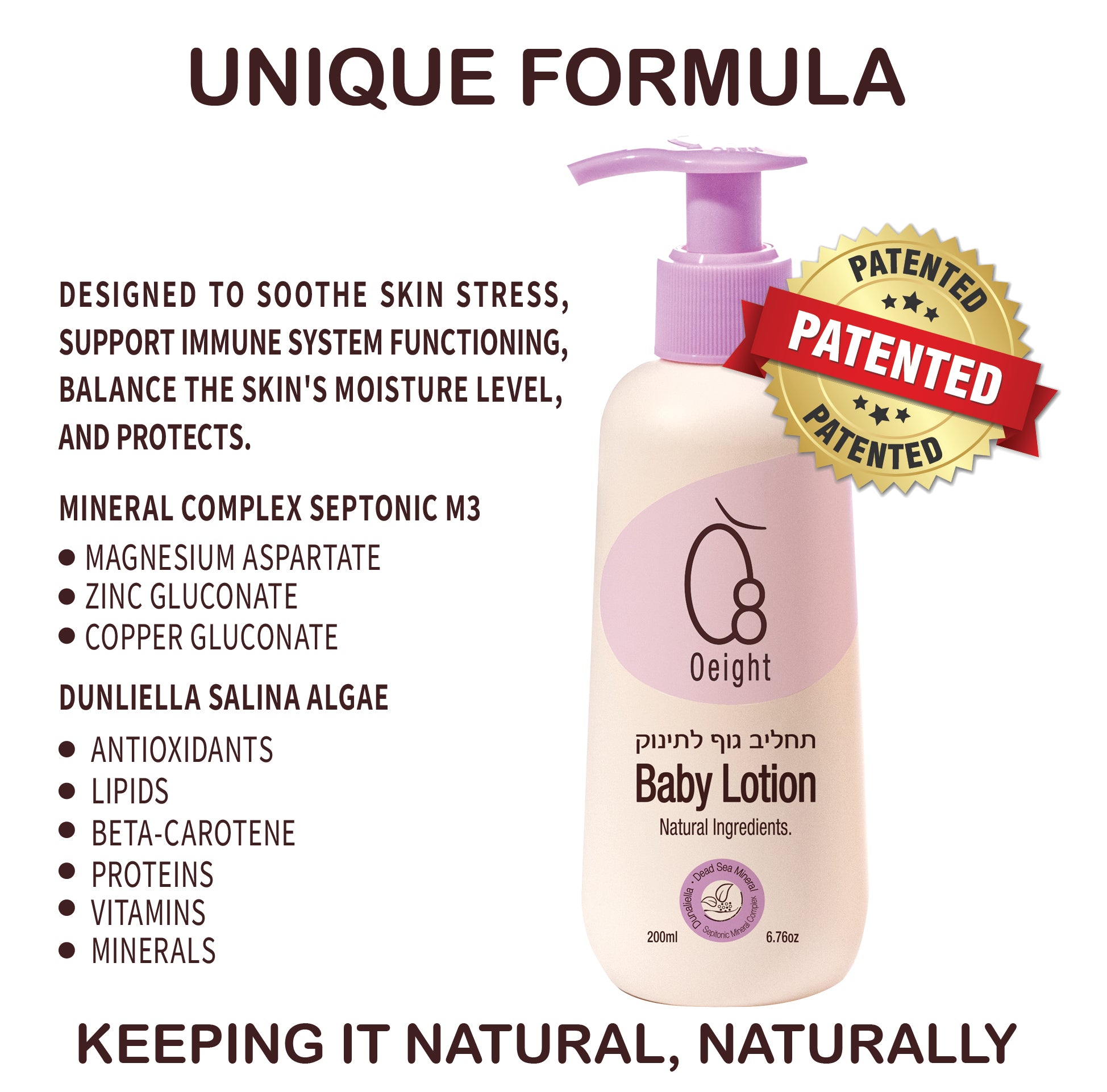 Oeight Baby Lotion a natural body lotion for newborns and infants, perfect for sensitive skin. it soothes, softens, and nourishes delicate skin. Patent-protected, this lotion offers essential hydration and protection.