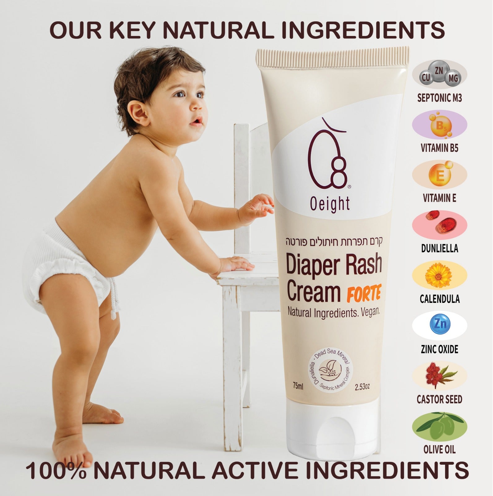 Oeight Diaper Rash Cream Forte, Dermatologically Tested & Hypoallergenic Formula for Baby Skin with 100% Natural Active Ingredients, No Parabens & Unscented - for Mild to Severe Diaper Rash, 75ml