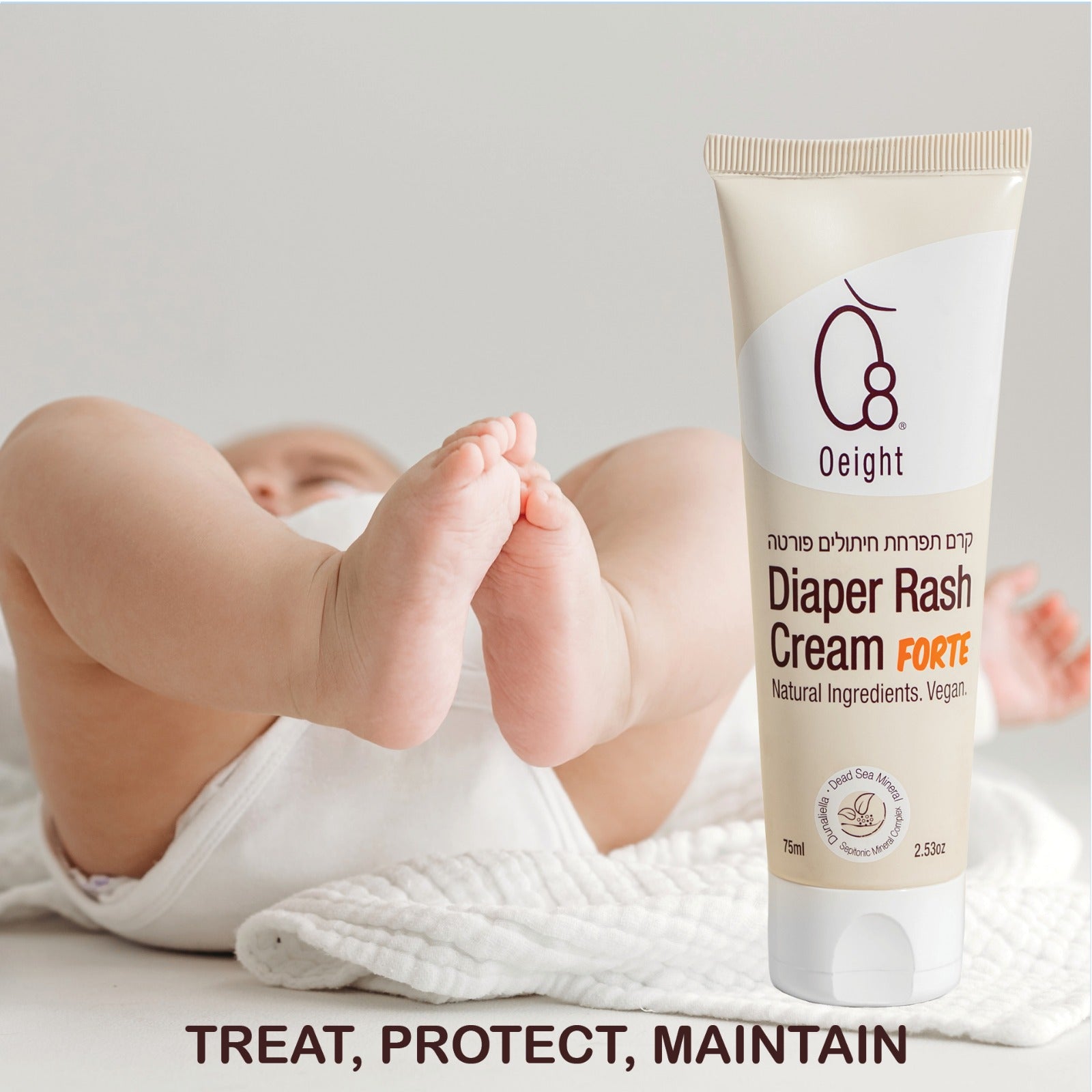 Oeight Diaper Rash Cream Forte, Dermatologically Tested & Hypoallergenic Formula for Baby Skin with 100% Natural Active Ingredients, No Parabens & Unscented - for Mild to Severe Diaper Rash, 75ml