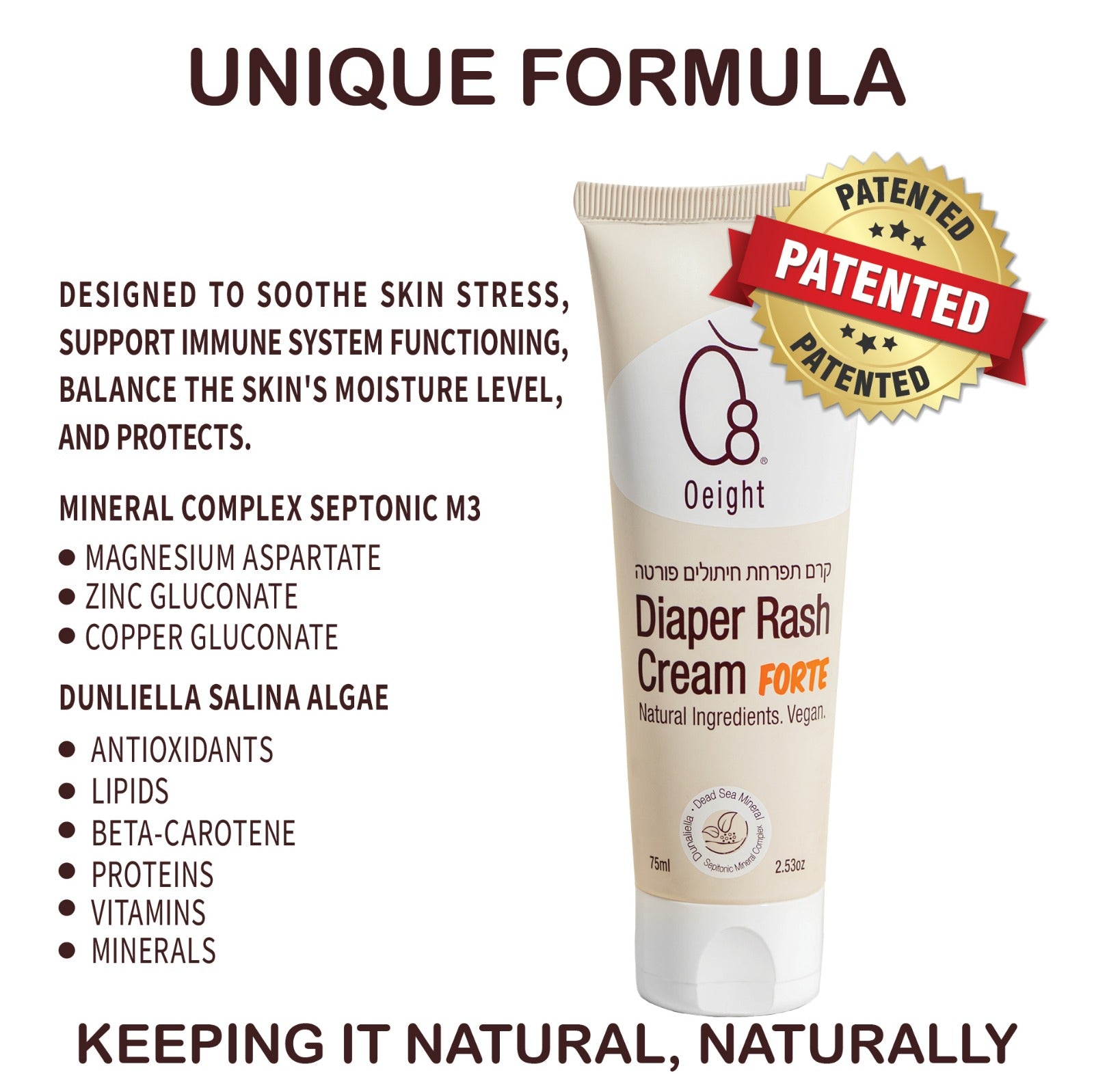 Oeight Diaper Rash Cream Forte, Dermatologically Tested & Hypoallergenic Formula for Baby Skin with 100% Natural Active Ingredients, No Parabens & Unscented - for Mild to Severe Diaper Rash, 75ml