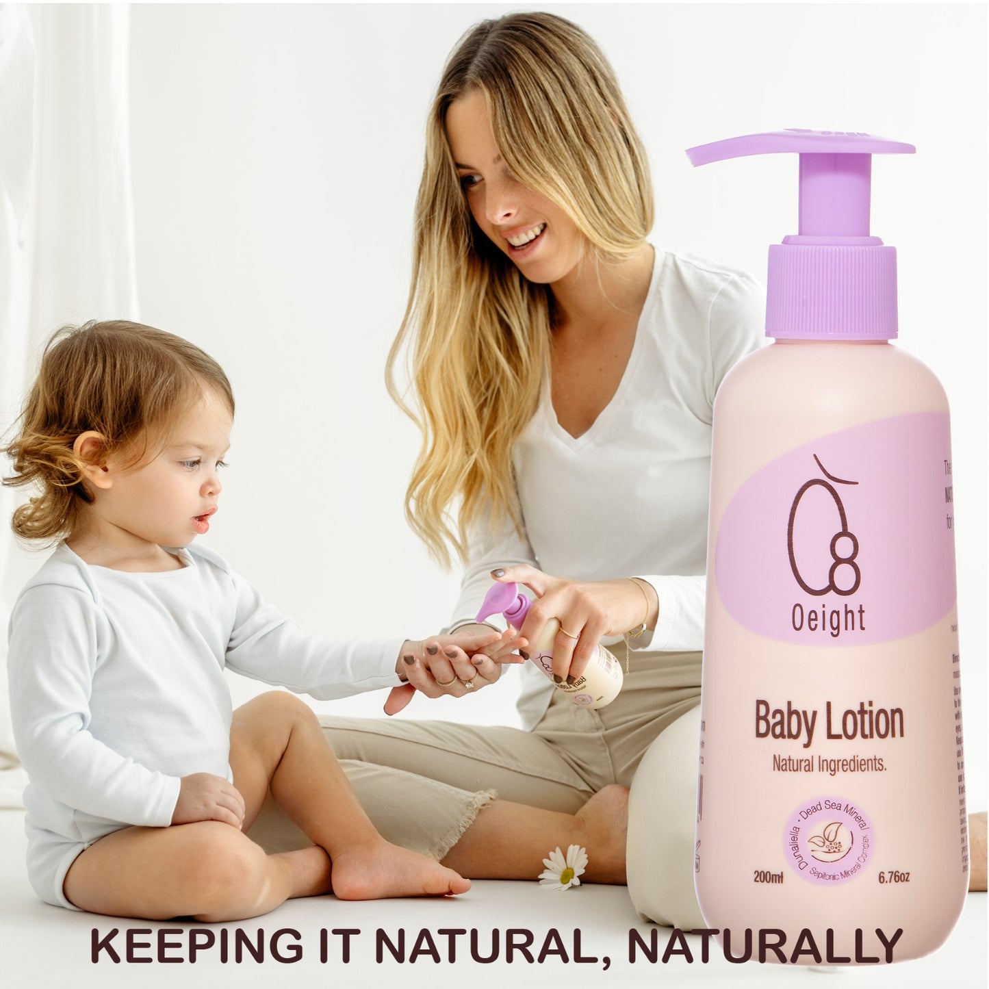 O8 Oeight Baby Lotion: Natural Body Skin Moisturizer with Dunaliella Salina, Dead Sea Minerals, Soothes, Softens, Nourishes, Protects Skin, 6.76 Oz