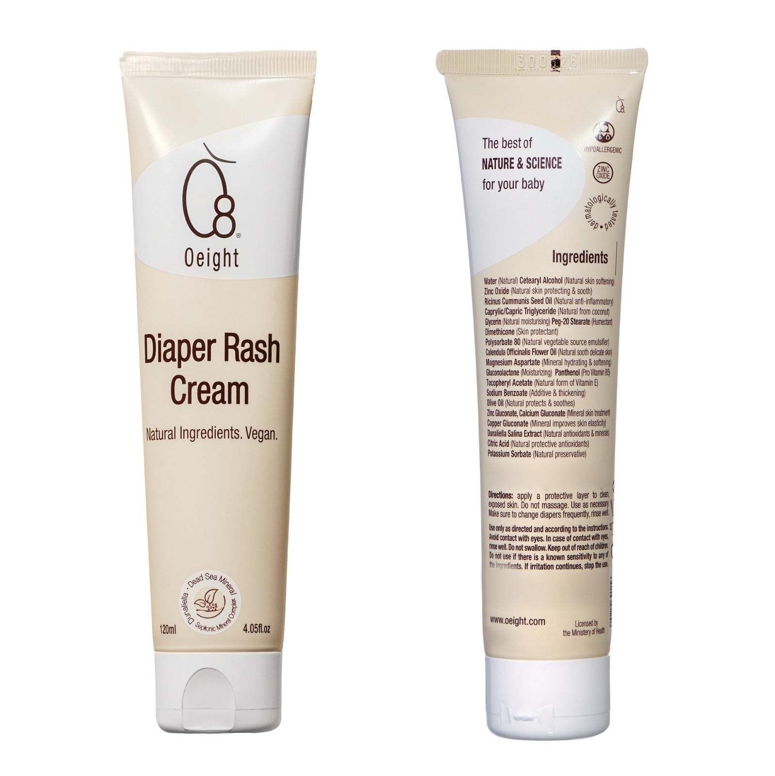 front and back of oeight Diaper Rash Cream with beige packaging, one behind the other. The front of each tube has text detailing product use and ingredients.
