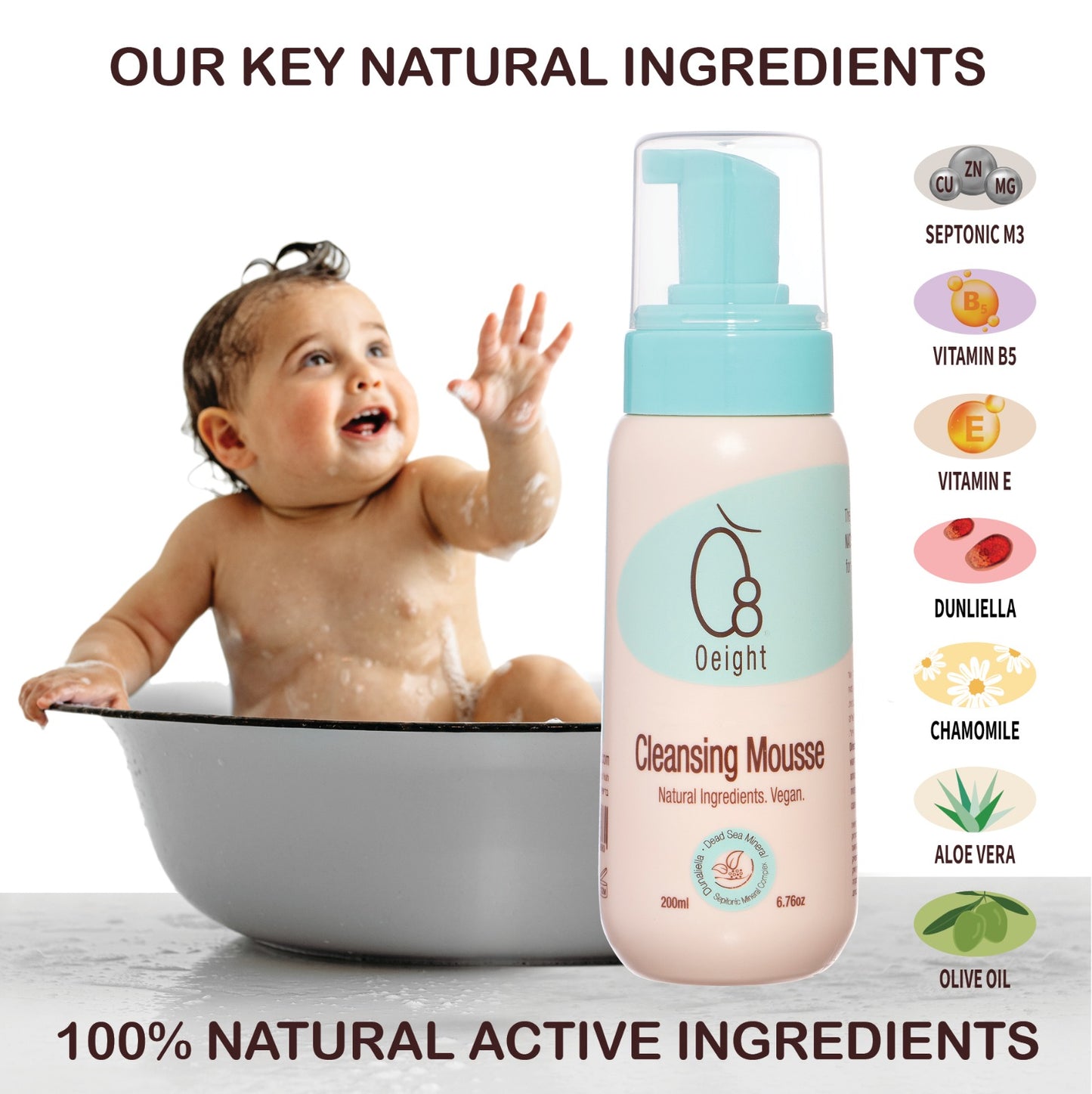 O8 Oeight Cleansing Mousse: Natural Baby Body Wash Foam with Dunaliella Salina, Dead Sea Minerals, Soothes, Softens, Energizes, Protects Skin, 6.76 Oz