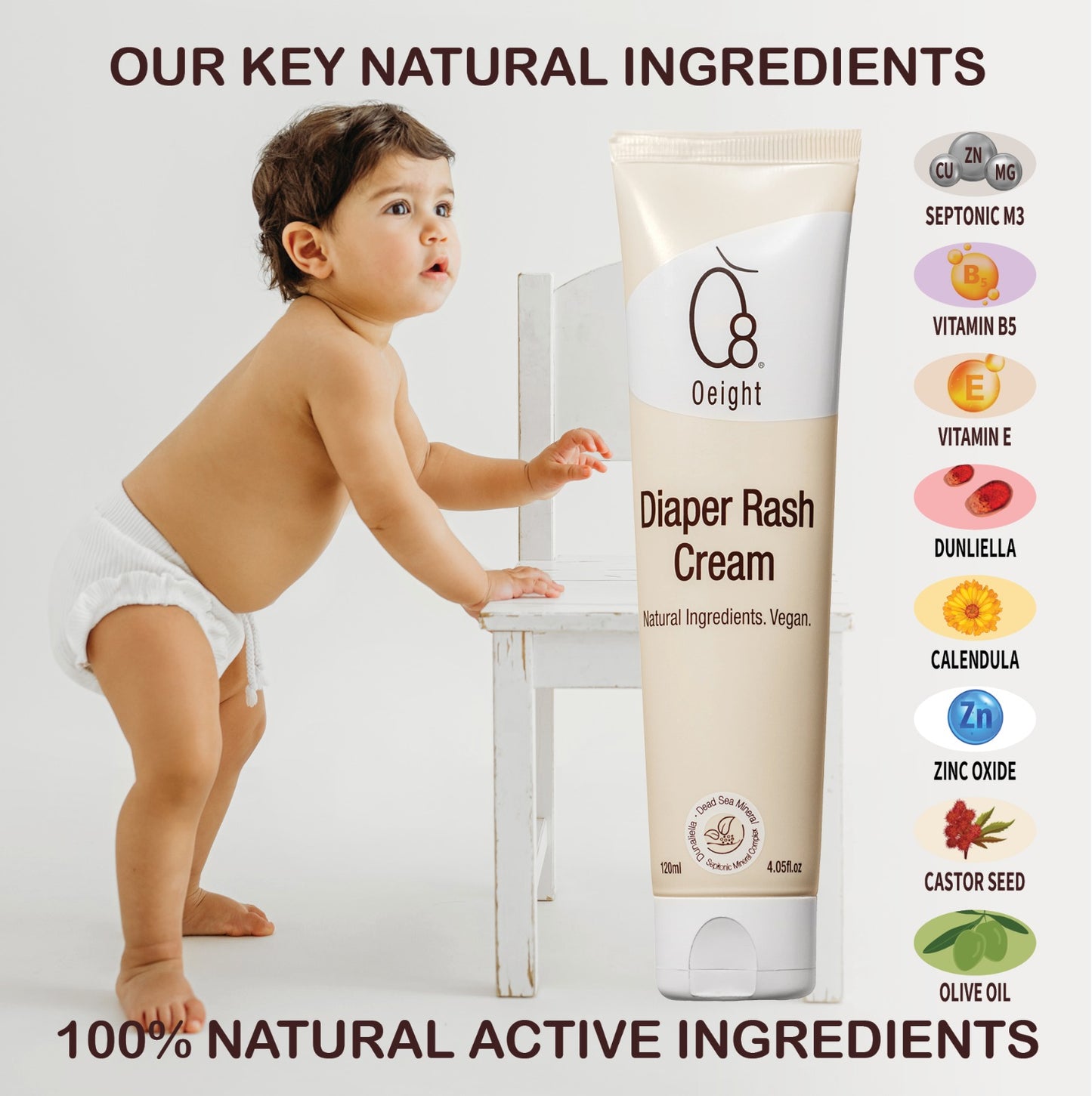 Oeight Diaper Rash Cream, 100% natural active ingredients enriched with zinc, calendula, olive oil, castor seed oil and pro-vitamin B5. Helps prevent Diaper rash and skin irritation.