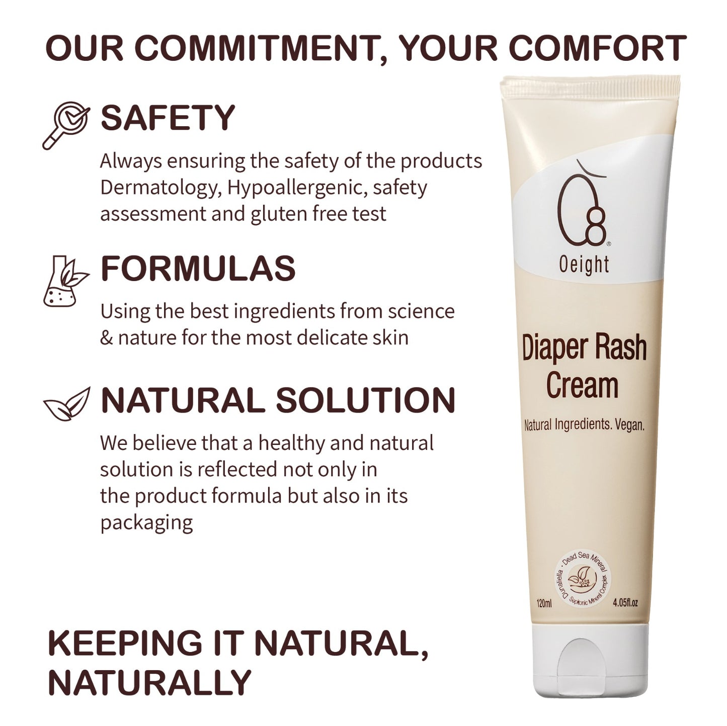 Oeight Diaper Rash Cream, 100% natural active ingredients enriched with zinc, calendula, olive oil, castor seed oil and pro-vitamin B5. Helps prevent Diaper rash and skin irritation.